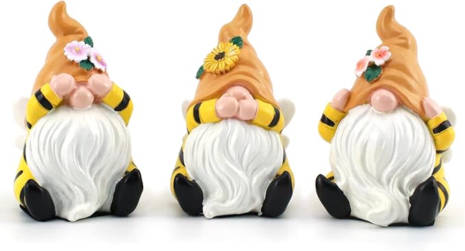 Bee Gnome Figurines Set Funny See Hear Speak No Evil Decor
