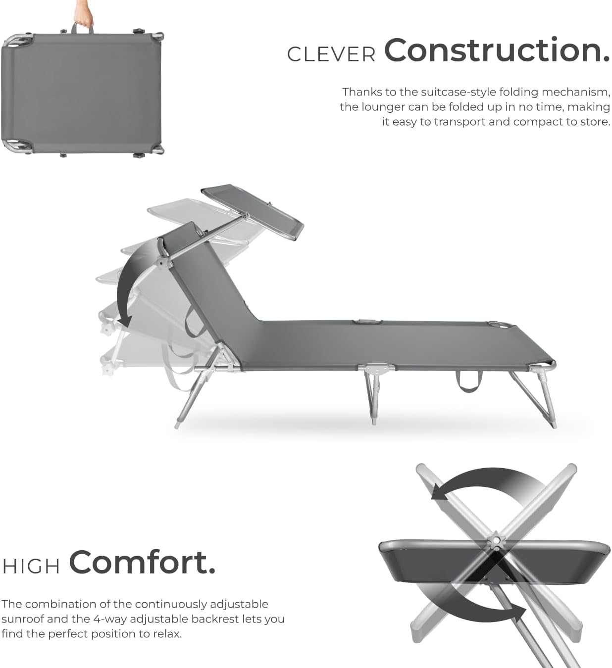 Folding Sun Lounger with Canopy Adjustable Backrest Grey