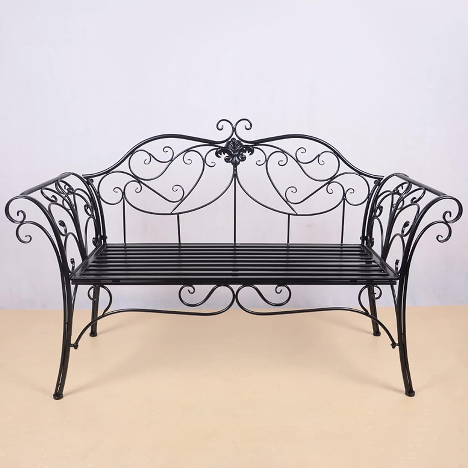 2 Seater Metal Garden Bench Outdoor Patio Seat Curved Back Black