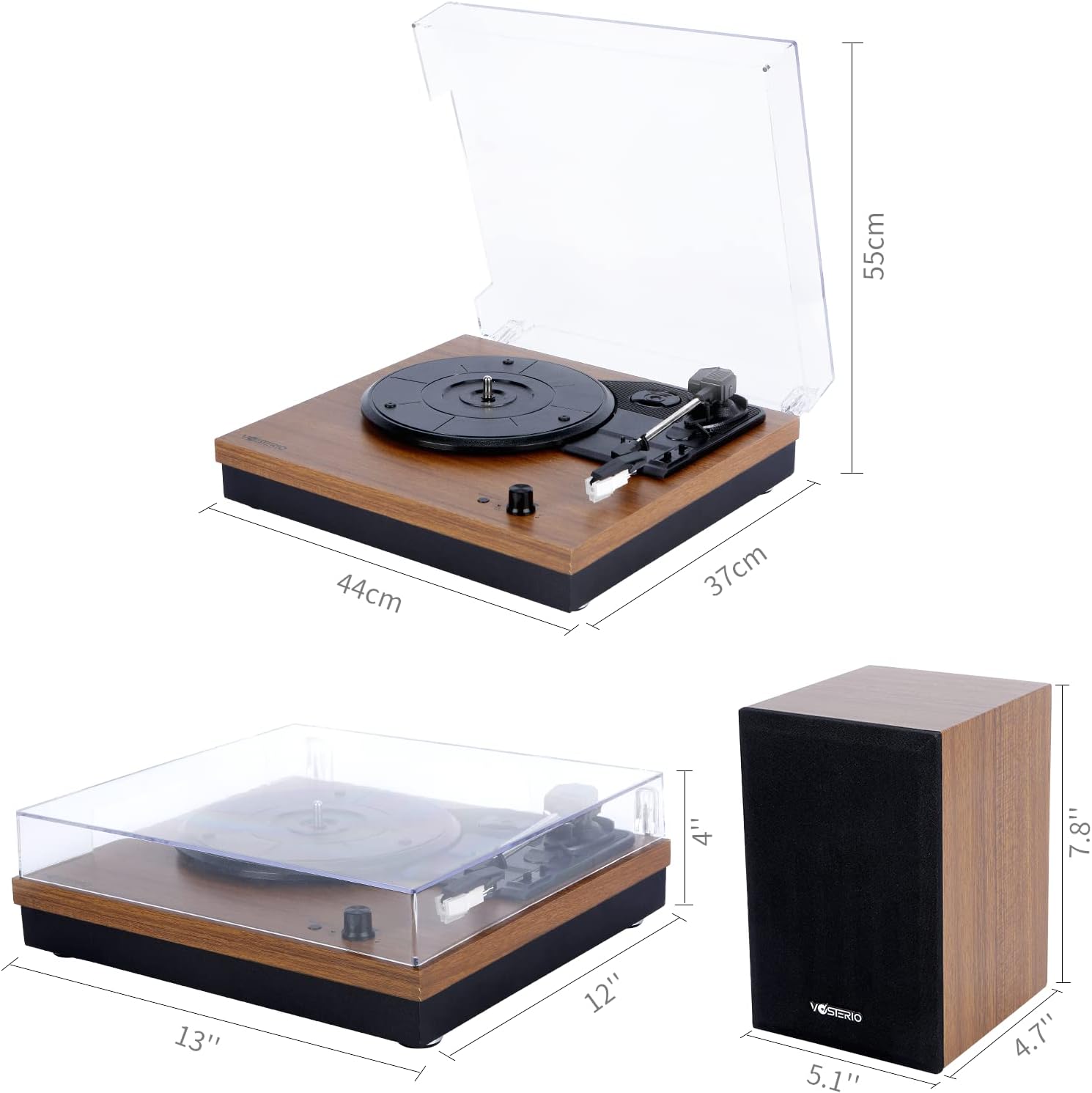 Bluetooth Record Player 3 Speed Turntable 30W Speakers Walnut