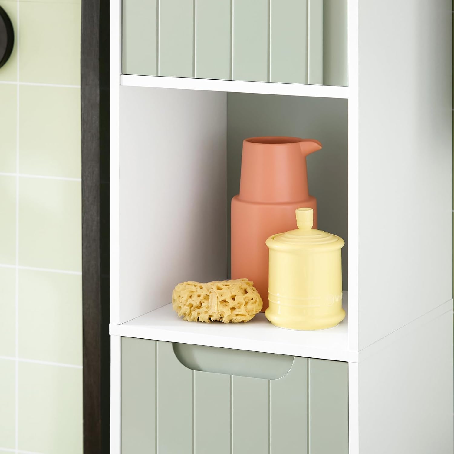 Slim Bathroom Tall Cabinet Laundry Bag Shelf Unit White Green