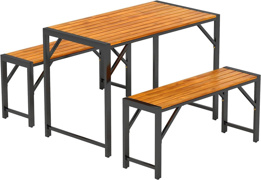 3 Piece Wooden Garden Dining Set Table & 2 Benches Patio Furniture