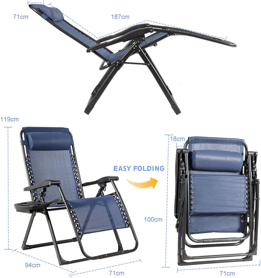 Oversized Zero Gravity Recliner Chair 226kg Navy Blue