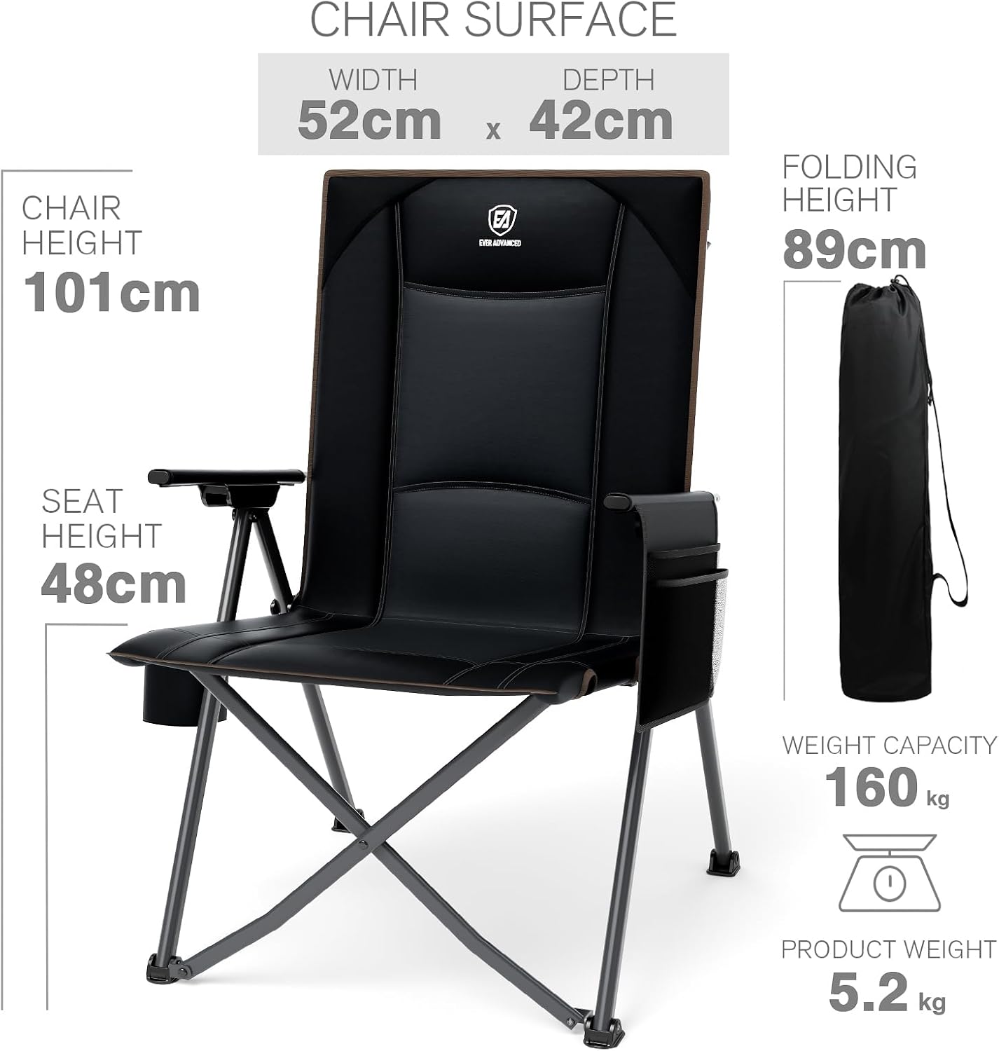 Set of 2 Reclining Camping Chairs Heavy Duty 350lb Black