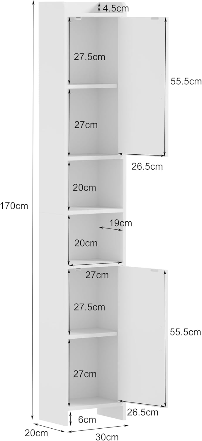 Tall Slim Bathroom Storage Cabinet 2 Doors Open Shelves White