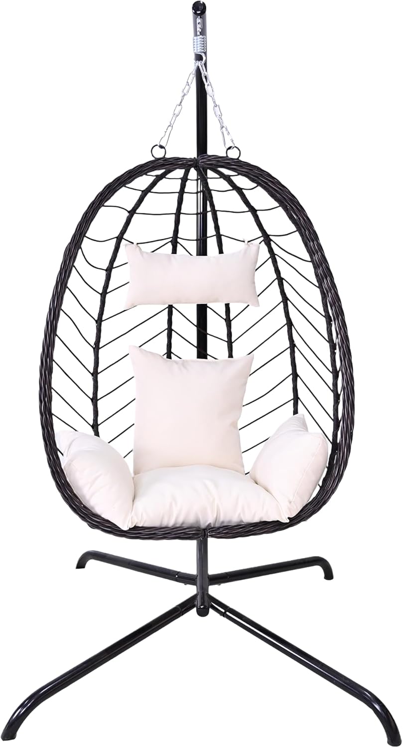 Hanging Egg Chair with Stand Cushion Beige 350lb