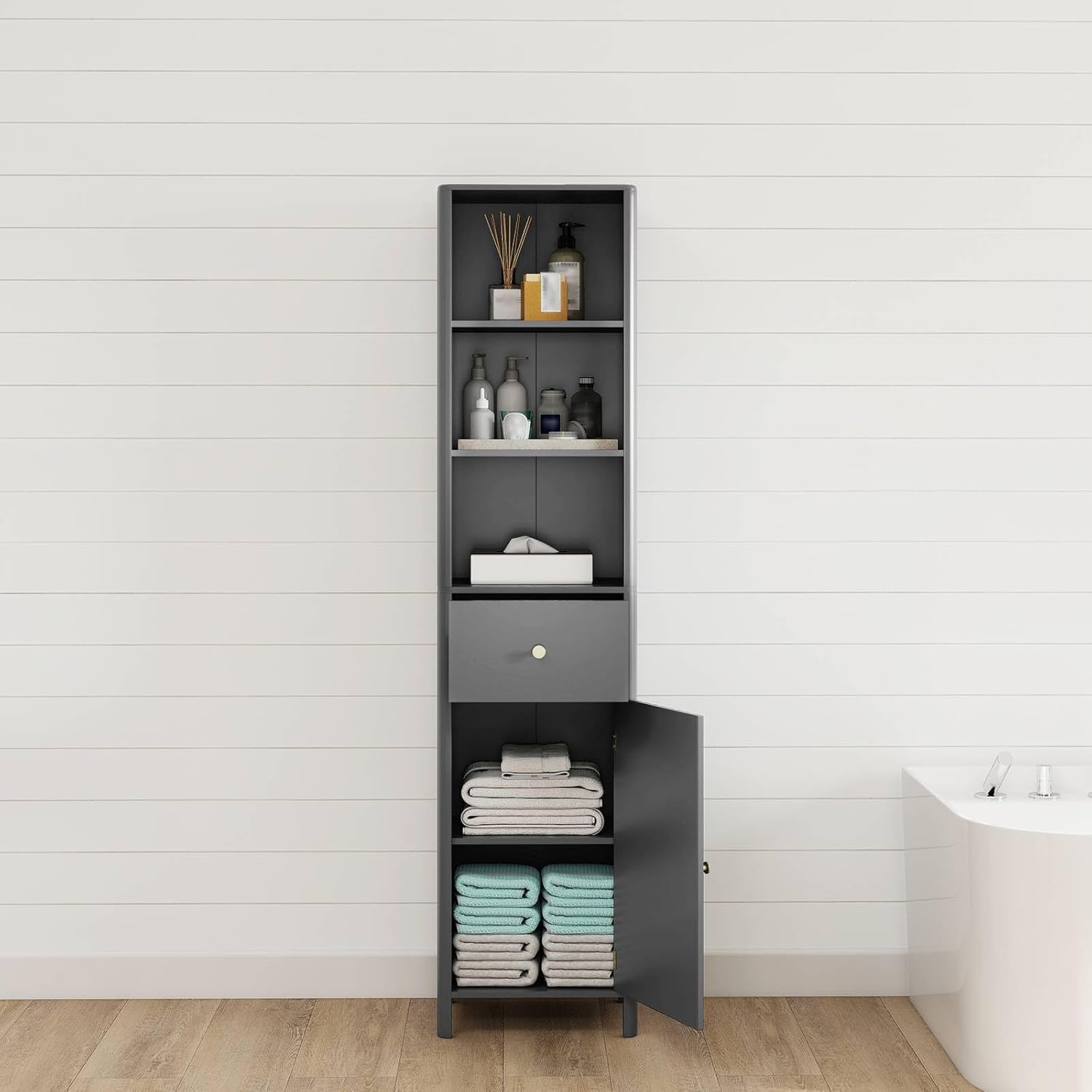 Slim Bathroom Tall Cabinet Drawer Shelf Unit Grey