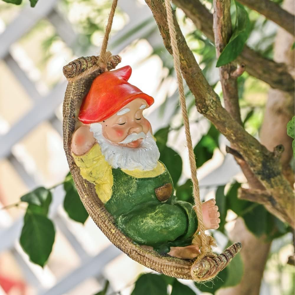 Hanging Sleeping Gnome Statue Resin Garden Tree Decor 18cm
