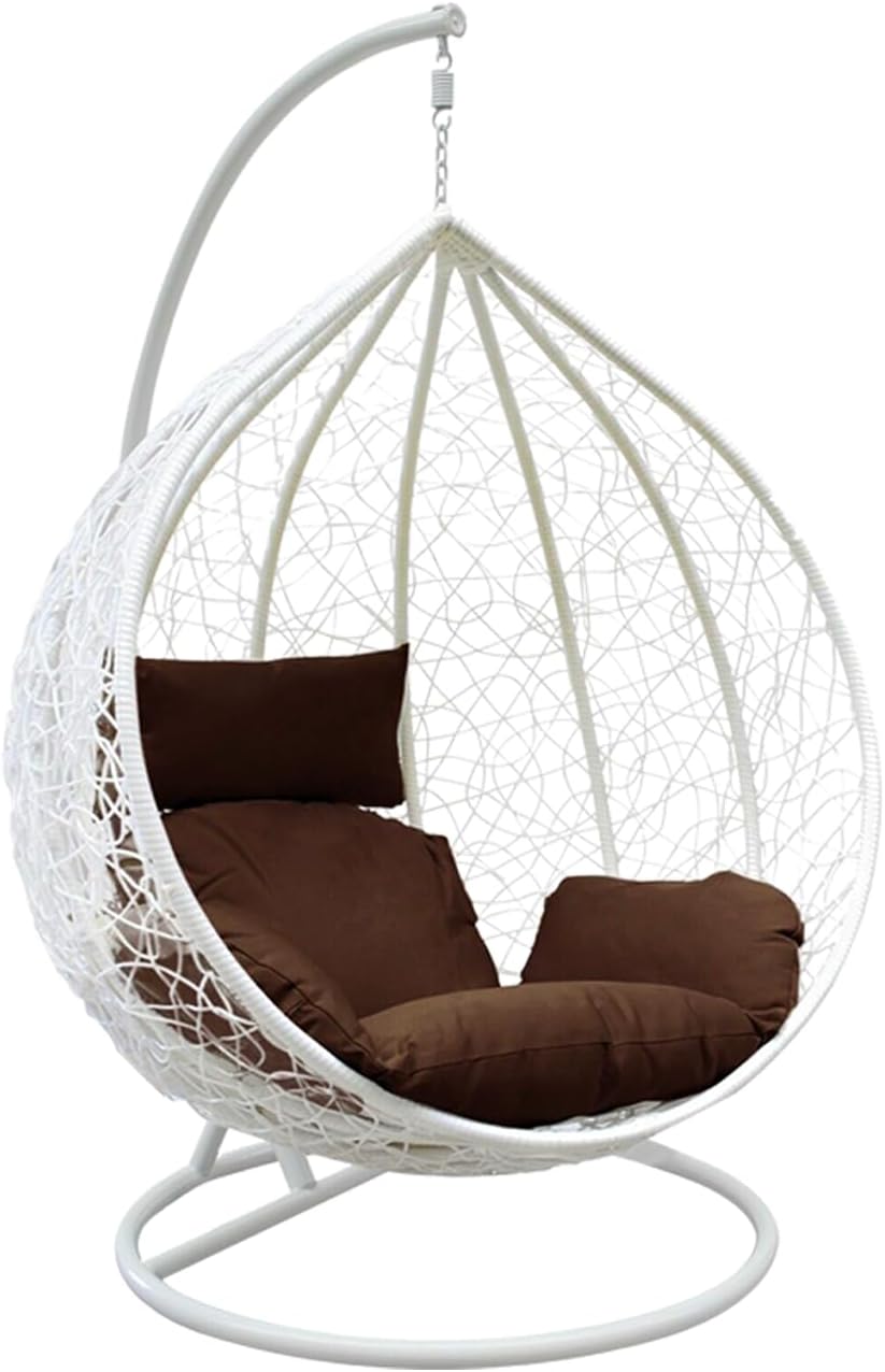 White Rattan Egg Swing Chair Brown Cushion Stand