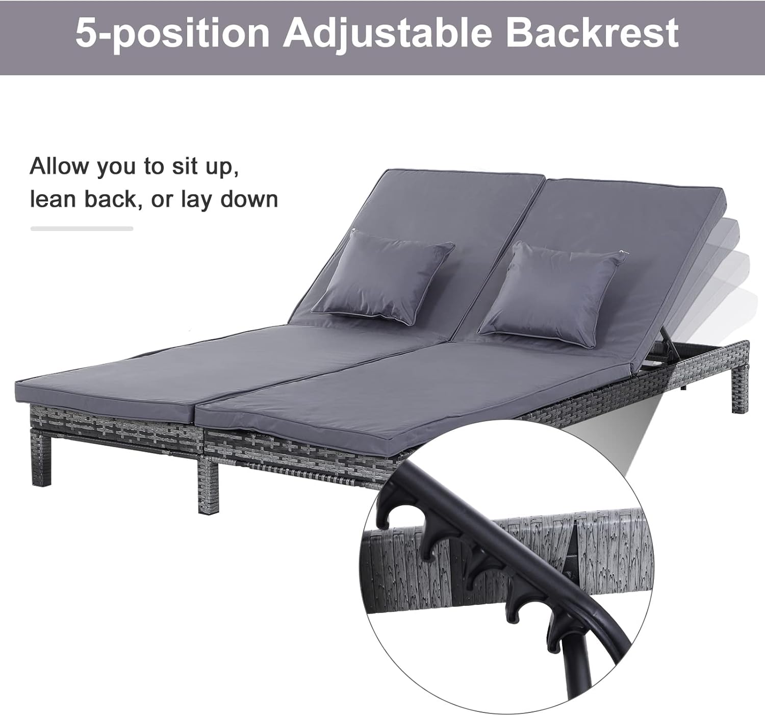 Double Rattan Sun Lounger 2 Seater Garden Daybed Grey Cushion