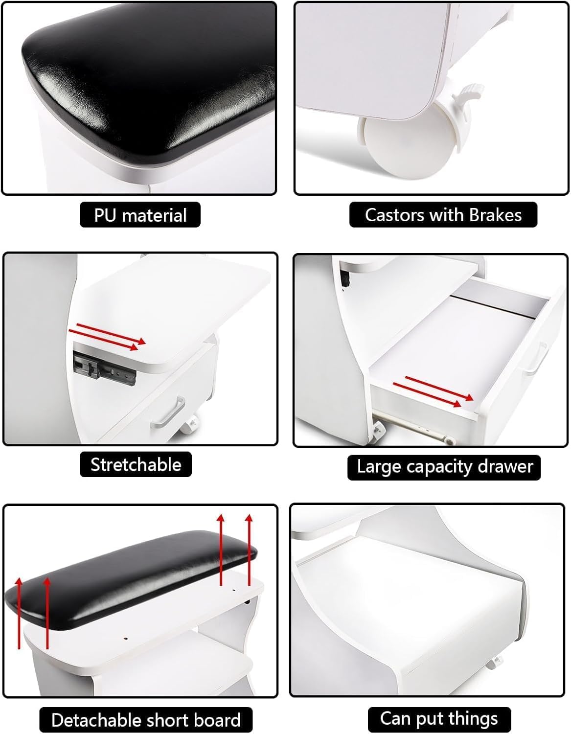 Mobile Pedicure Foot Rest Trolley PU Leather Nail Stool Storage