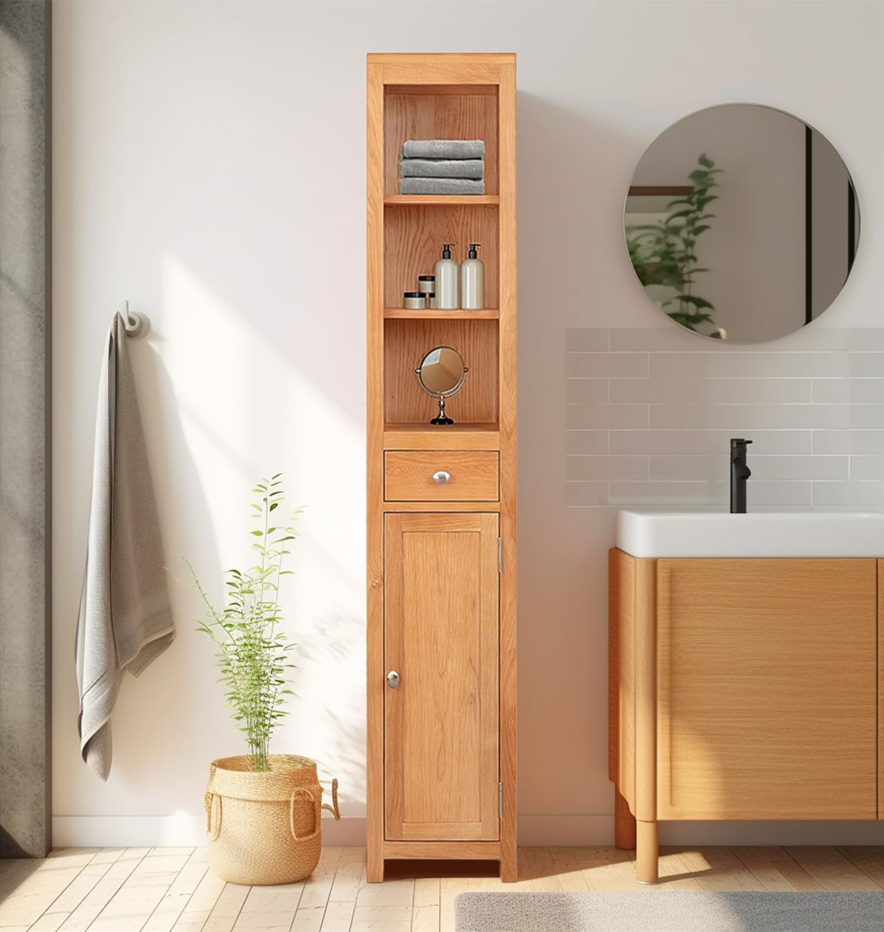 Solid Oak Tall Bathroom Storage Cabinet Drawer Shelf Unit