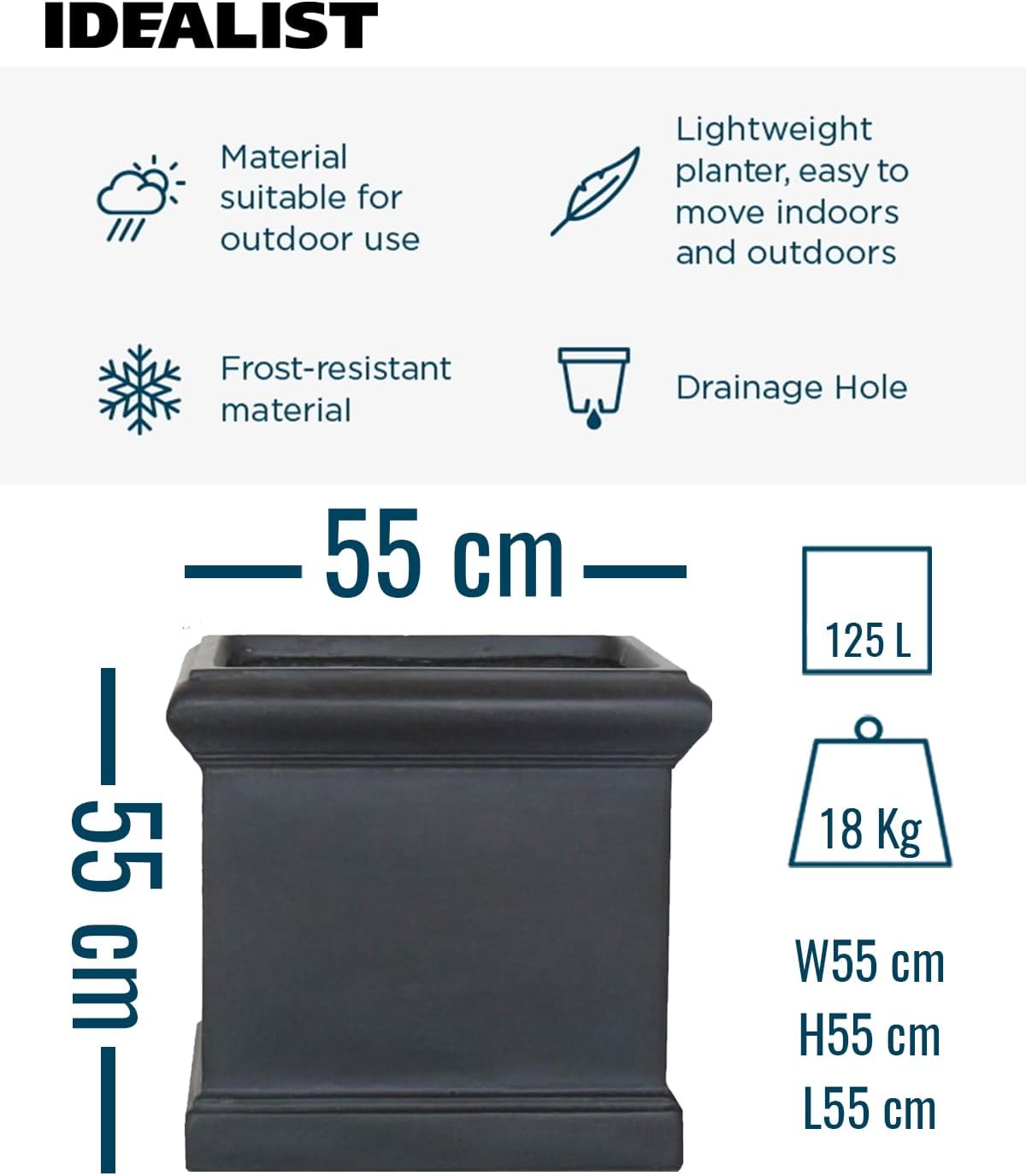 55cm Large Square Planter Black Stone Effect Garden Tree Pot