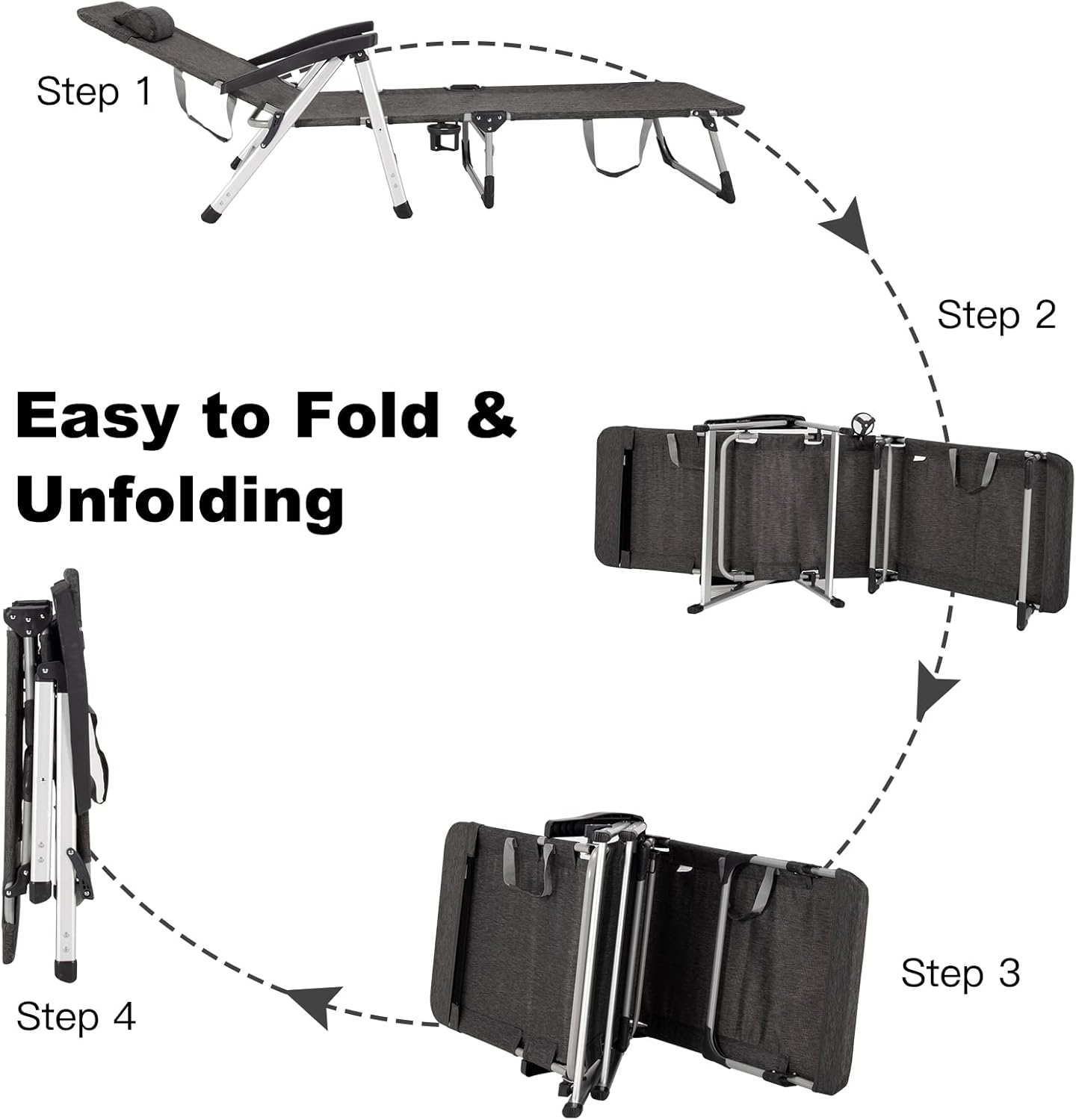 Folding Sun Lounger 7 Position Reclining Chair with Cup Holder Grey