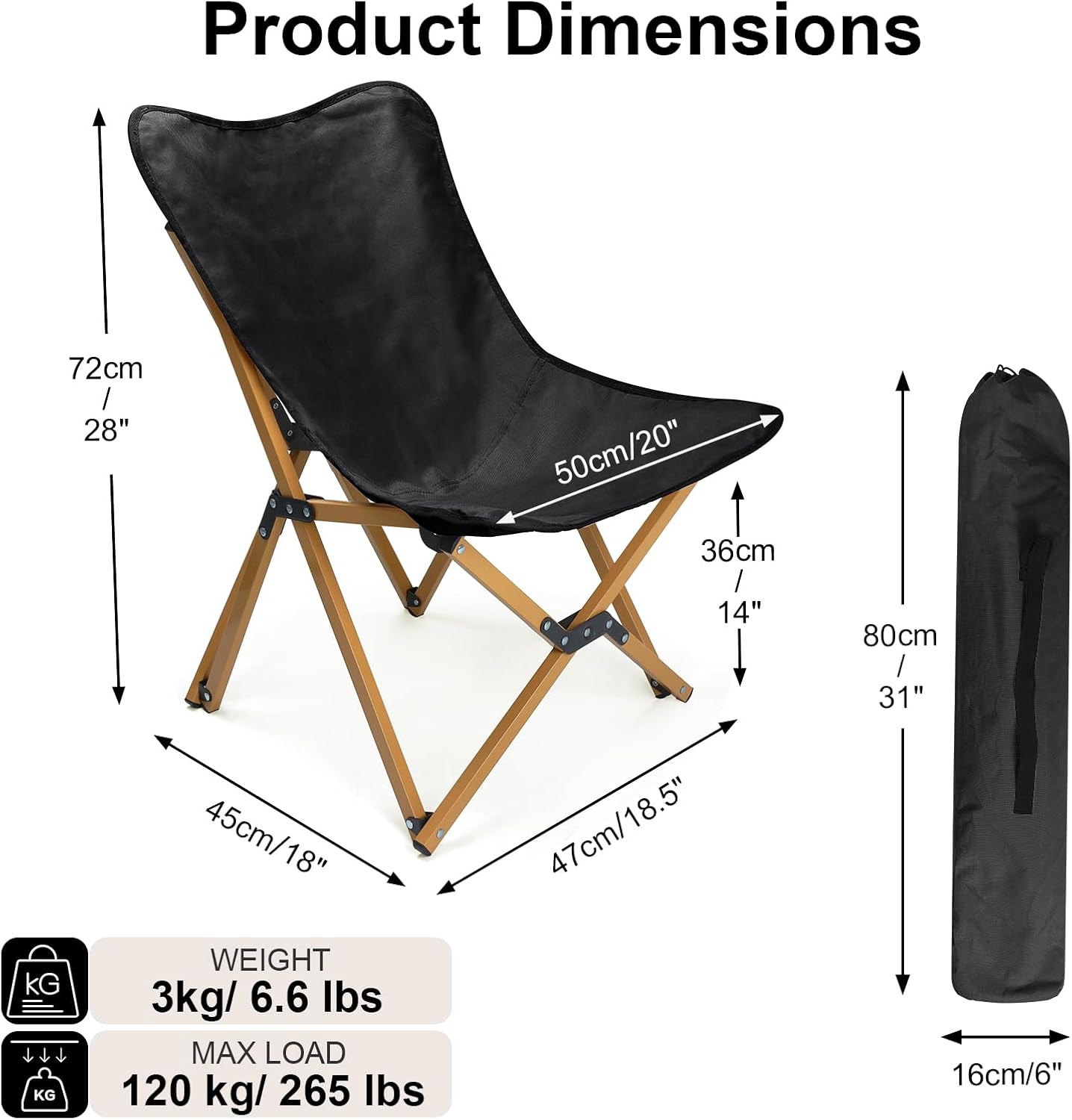 Black Folding Butterfly Camping Chair Portable Seat