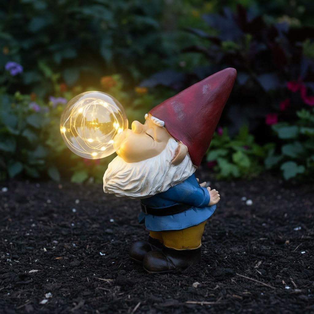 Solar Garden Gnome Light Bubble Blowing Resin Outdoor Decor
