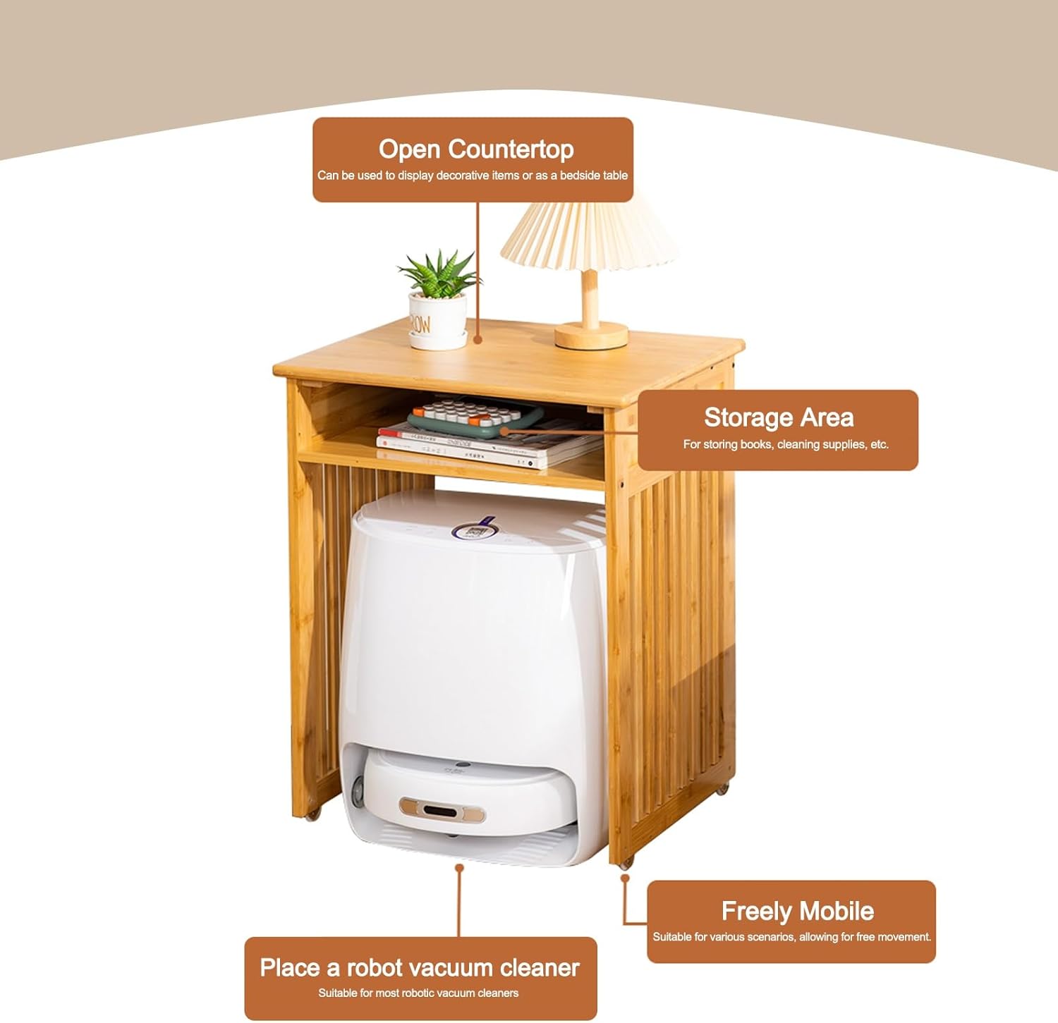 Bamboo Robot Vacuum Storage Cart Rolling Cabinet Organizer End Table