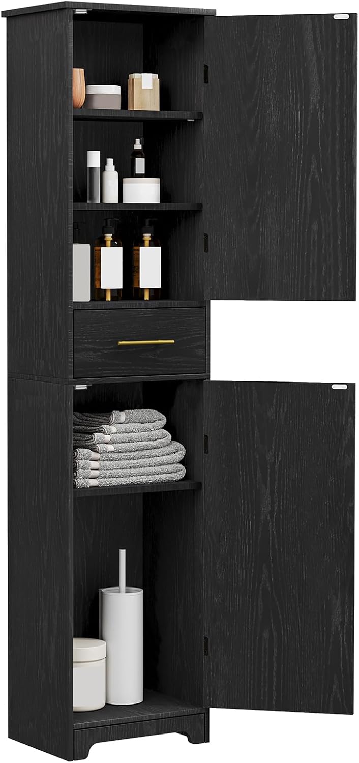 Tall Slim Storage Cabinet Black Drawer Doors Adjustable Shelf