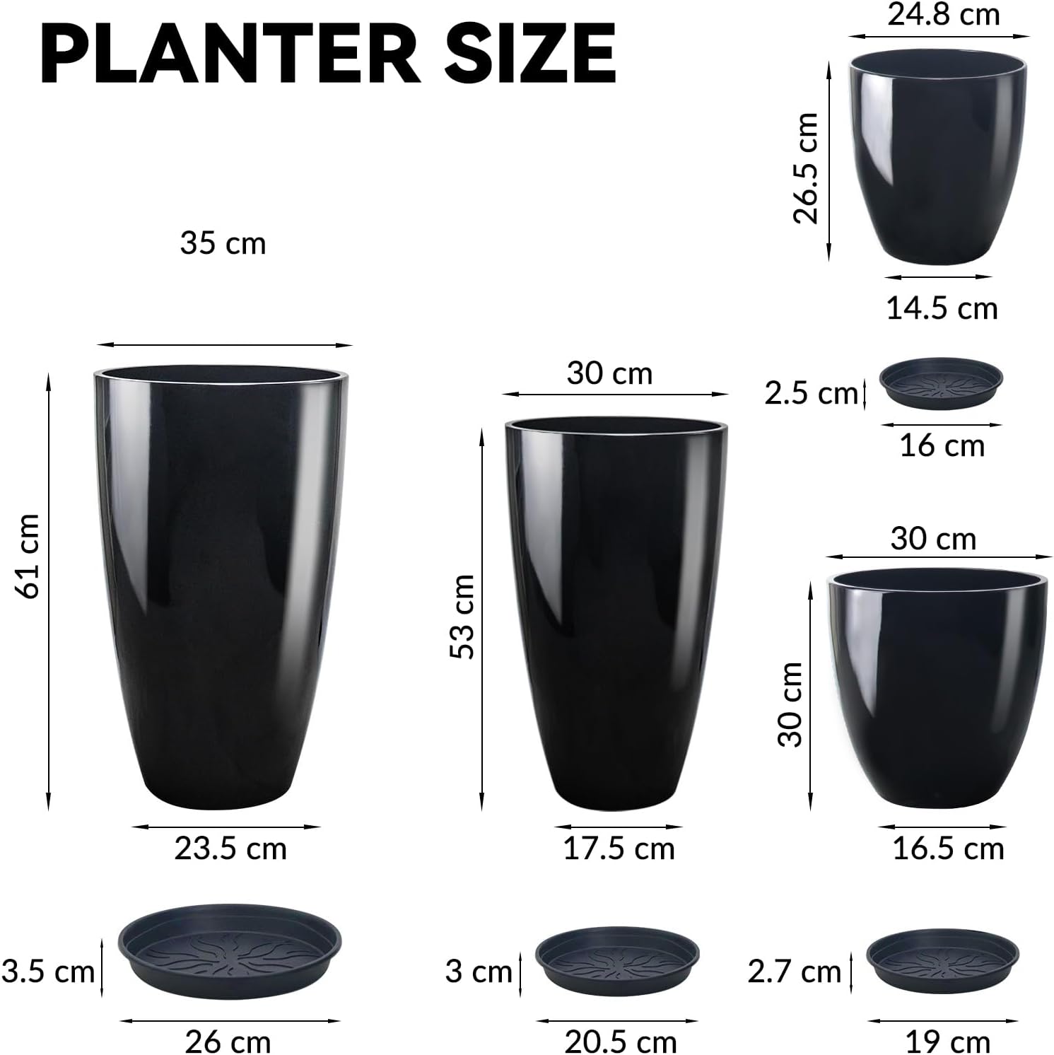 Plant Pots Set of 4 Black Tall Planters 25 30 35cm Indoor Outdoor