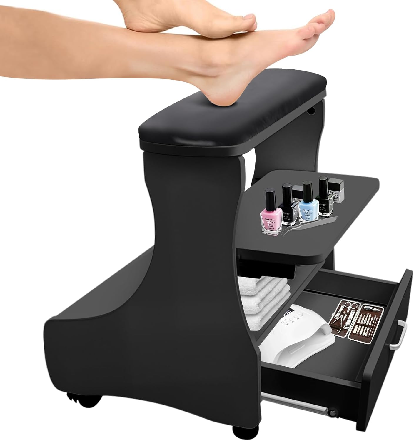 Pedicure Foot Rest with Wheels PU Leather Nail Stool Trolley