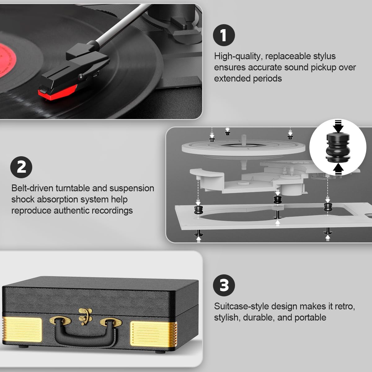 Portable Bluetooth Record Player 3 Speed Suitcase Turntable Speakers