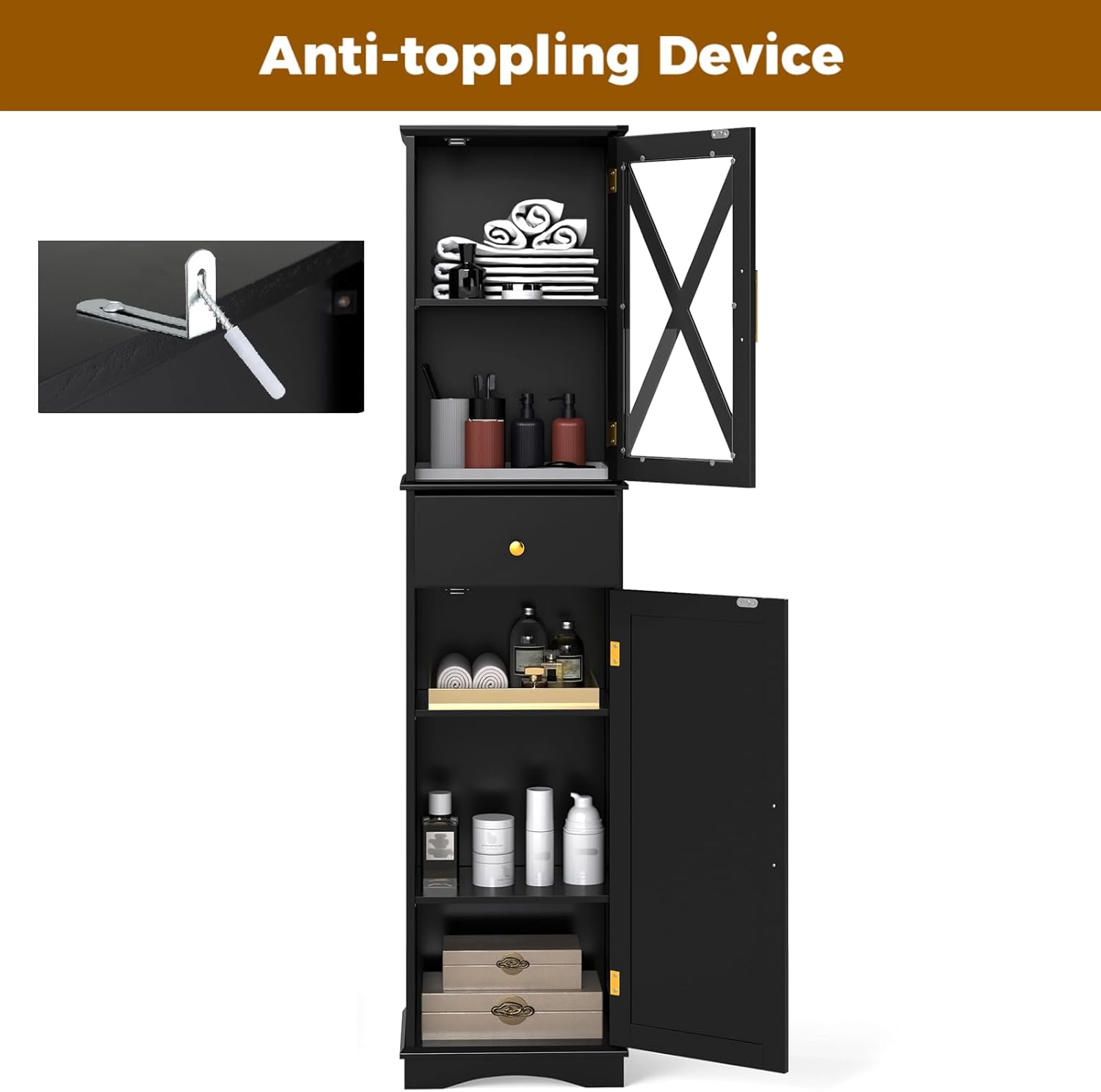 Tall Slim Storage Cabinet Black Glass Door Drawer Unit