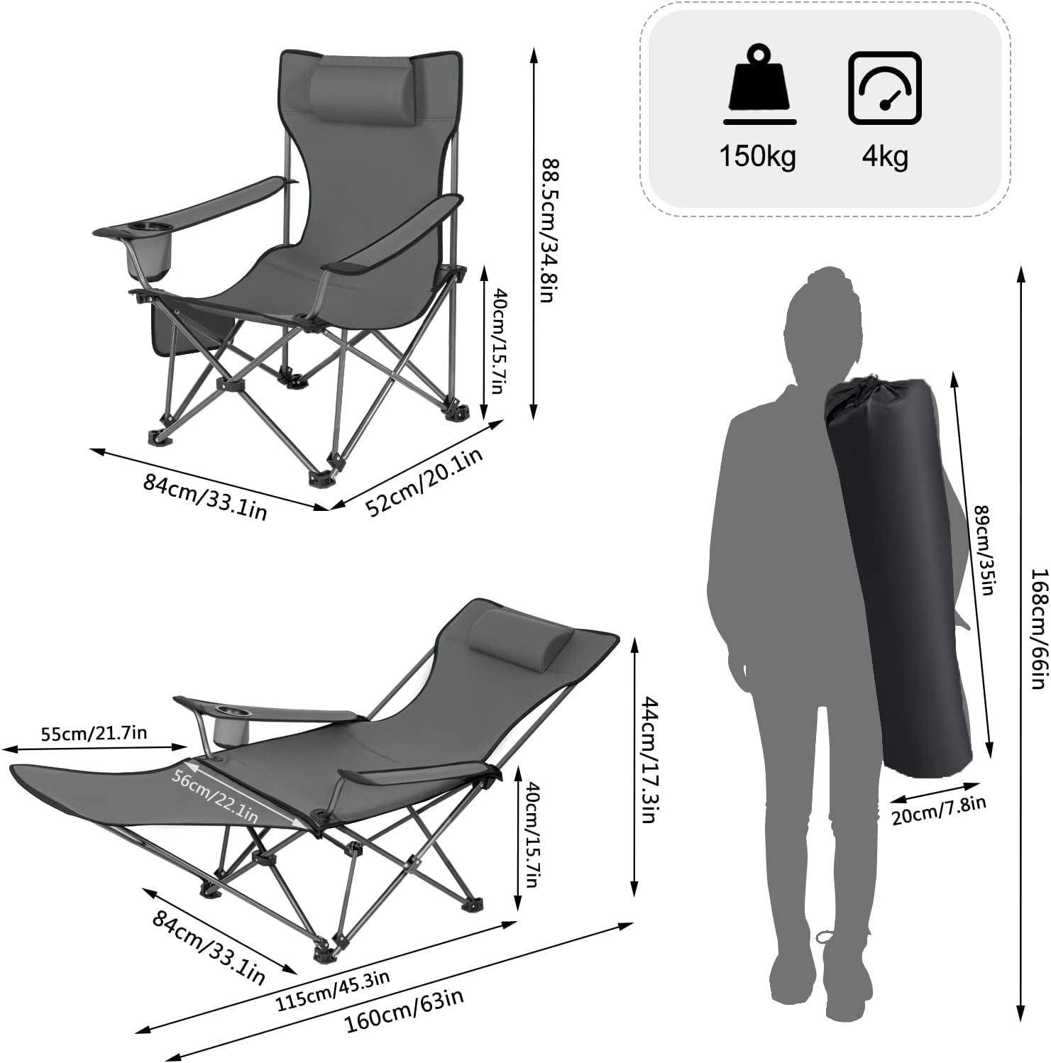 Reclining Camping Chair Folding Seat with Footrest Headrest