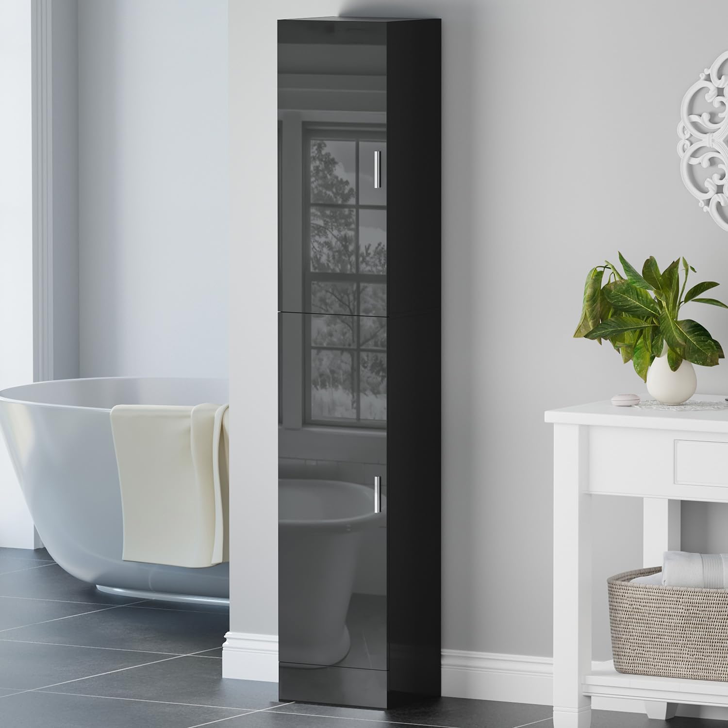 Tall High Gloss Storage Cabinet Black 4 Shelf Unit