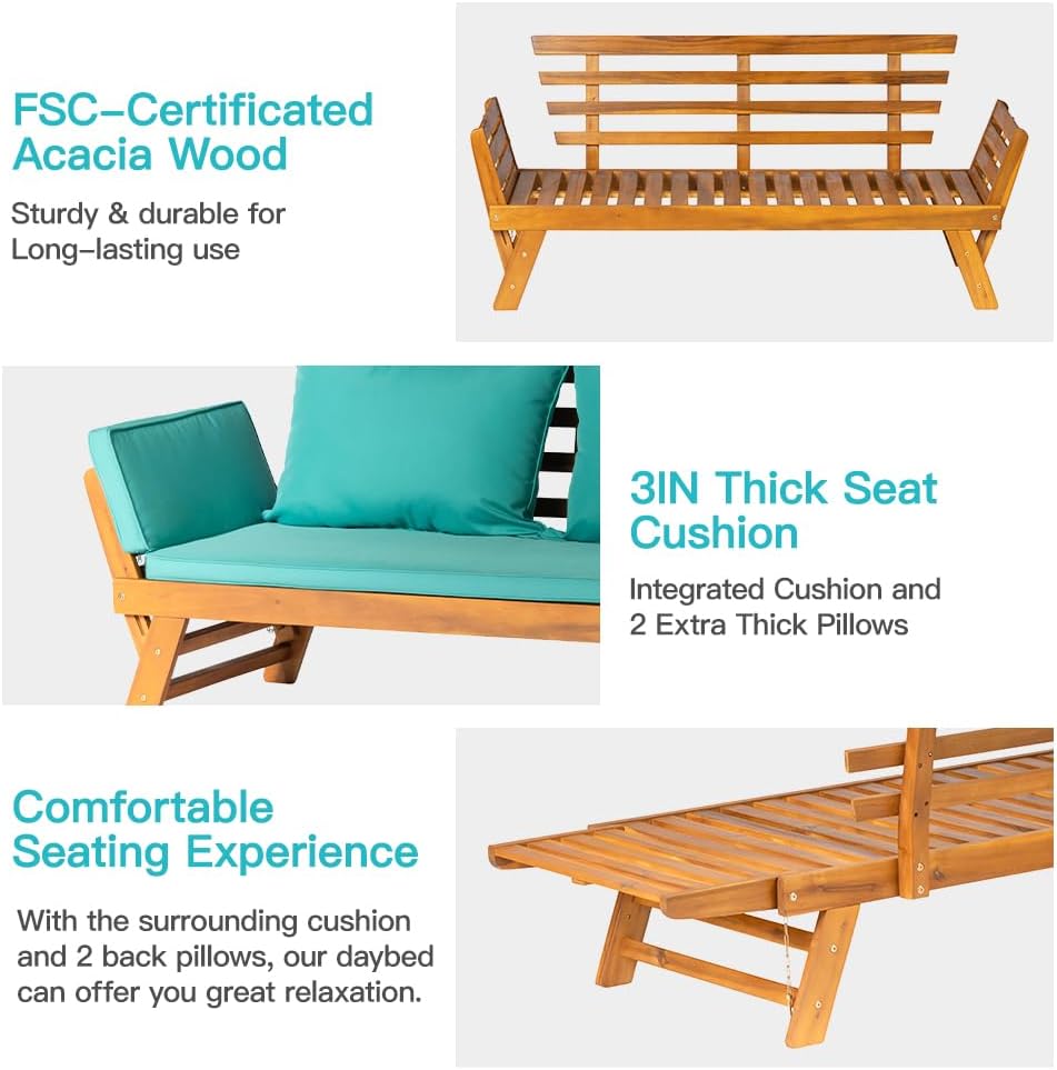 Acacia Wood Convertible Sofa Bed Outdoor Daybed Turquoise