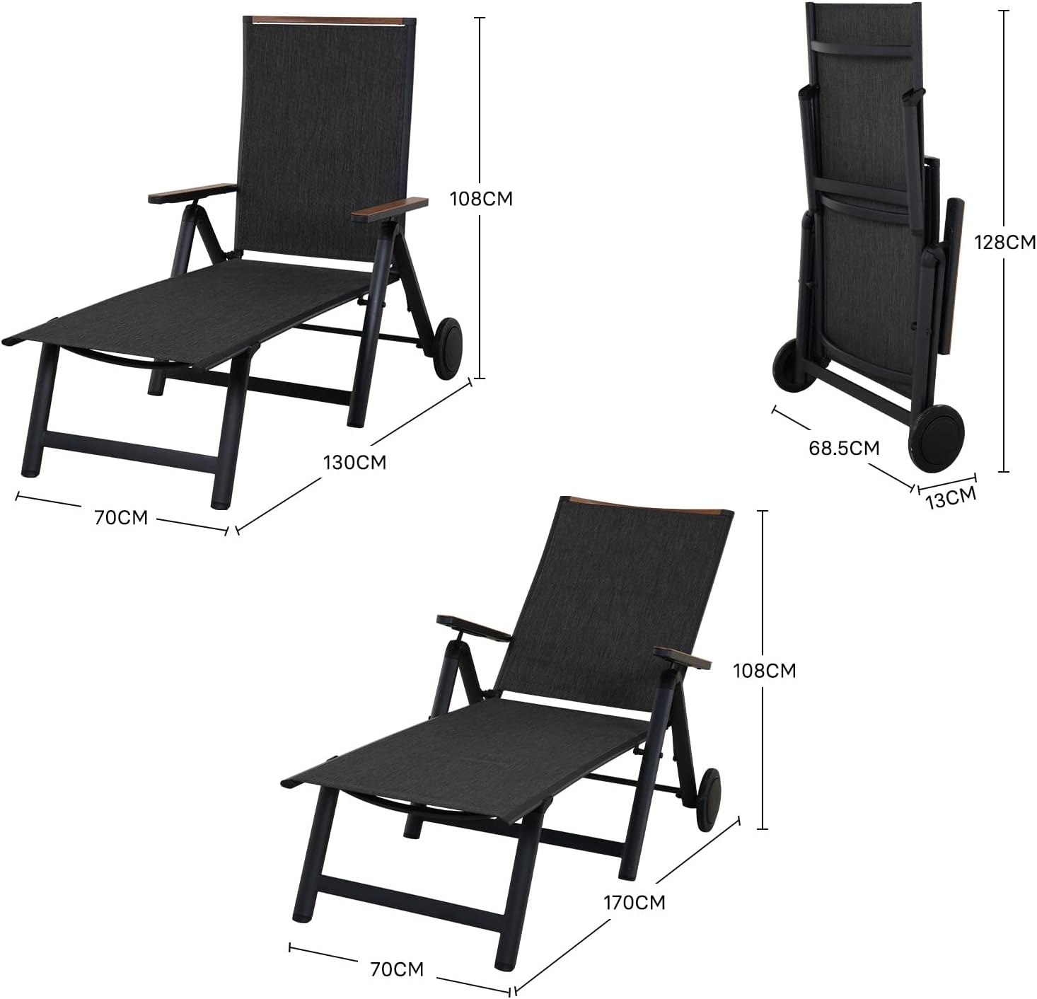 Folding Sun Lounger with Wheels 6 Position Aluminum Recliner