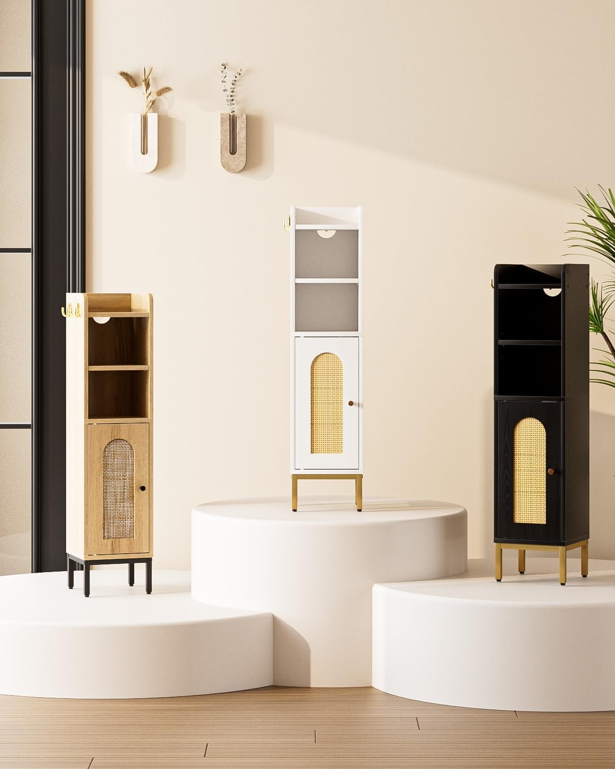 Slim Bathroom Storage Cabinet Door Black Rattan Freestanding