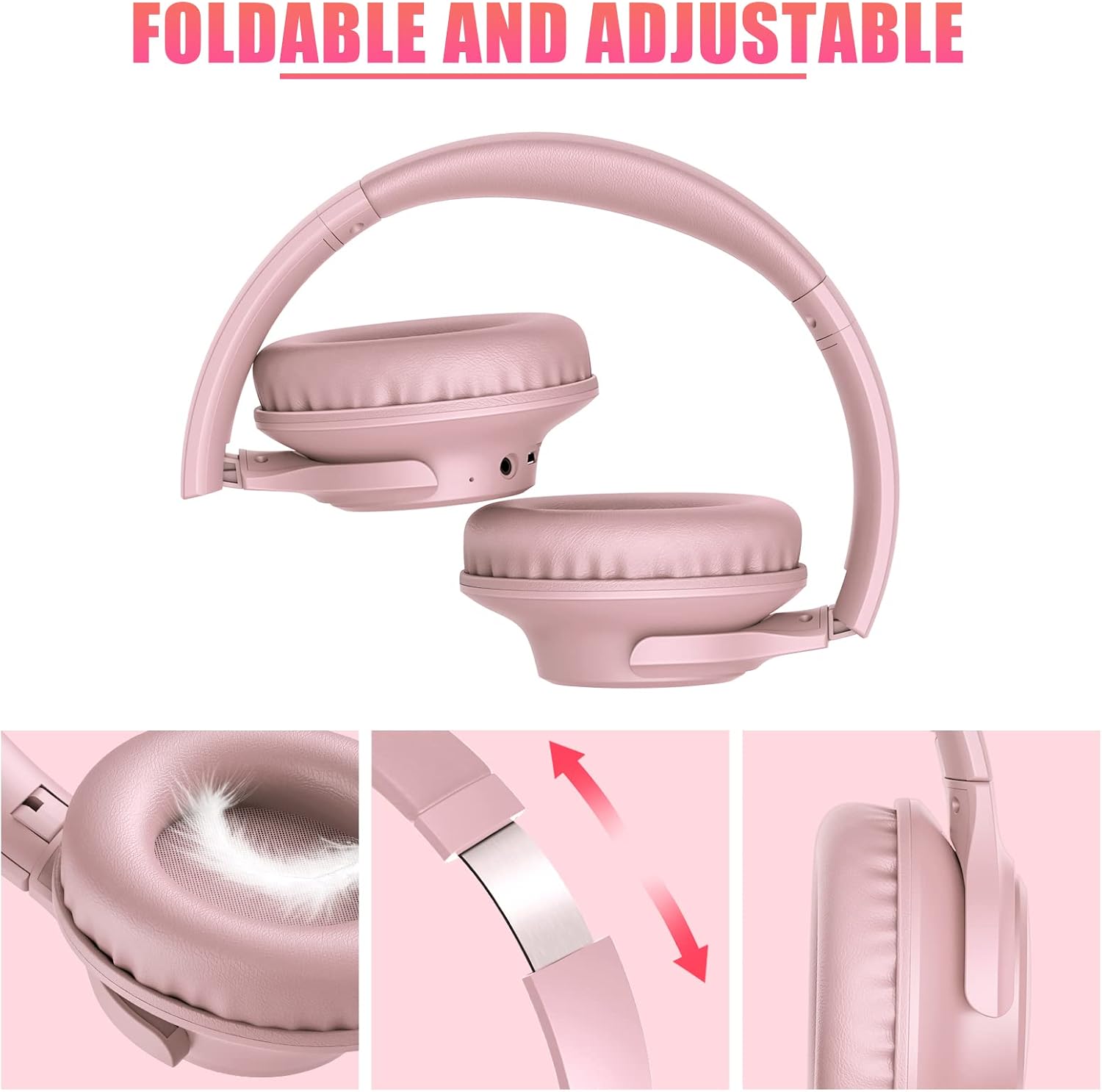 Pink Bluetooth Over Ear Headphones 65H Playtime Foldable Deep Bass
