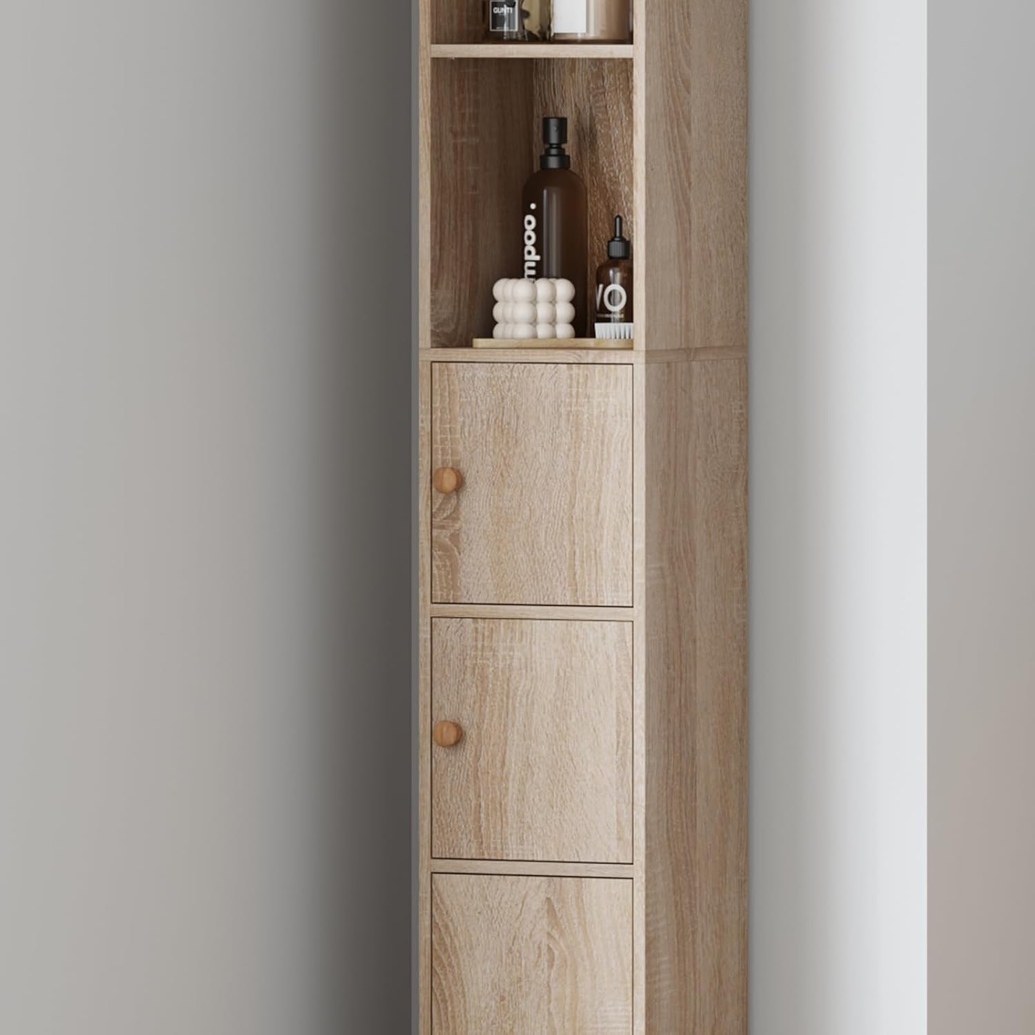 Tall Slim Storage Cabinet Walnut Door Shelves Unit