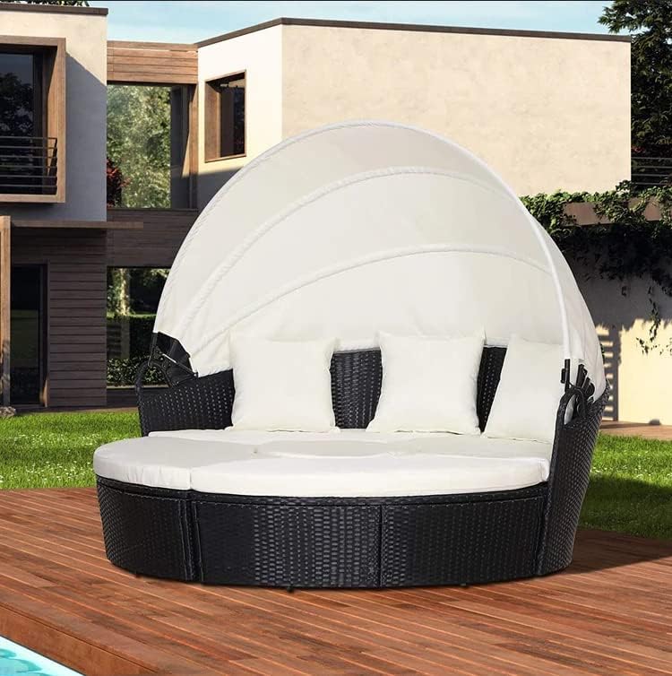 5 Piece Round Rattan Daybed Set with Canopy Beige