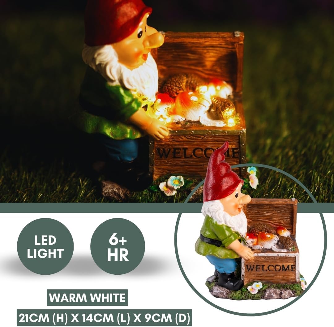 Solar Garden Gnome LED Light Treasure Chest Welcome Statue Decor