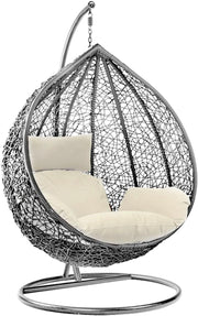 Rattan Hanging Egg Chair with Stand Cushion Grey White