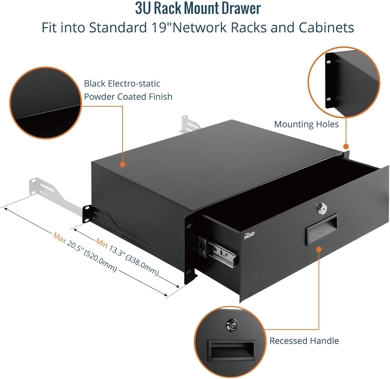 3U 19in Lockable Rack Drawer Steel Cabinet Mount