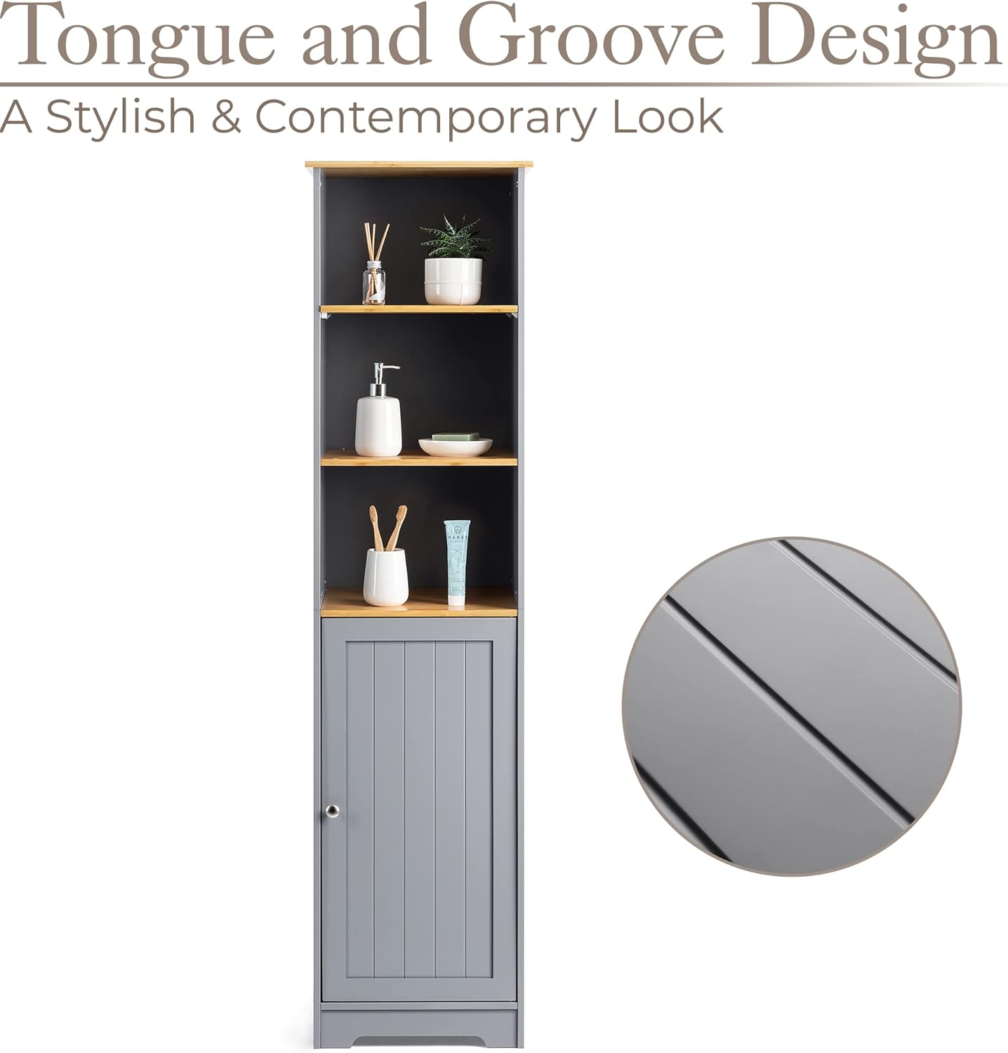 Tall Bathroom Storage Cabinet Grey Bamboo Shelf Unit