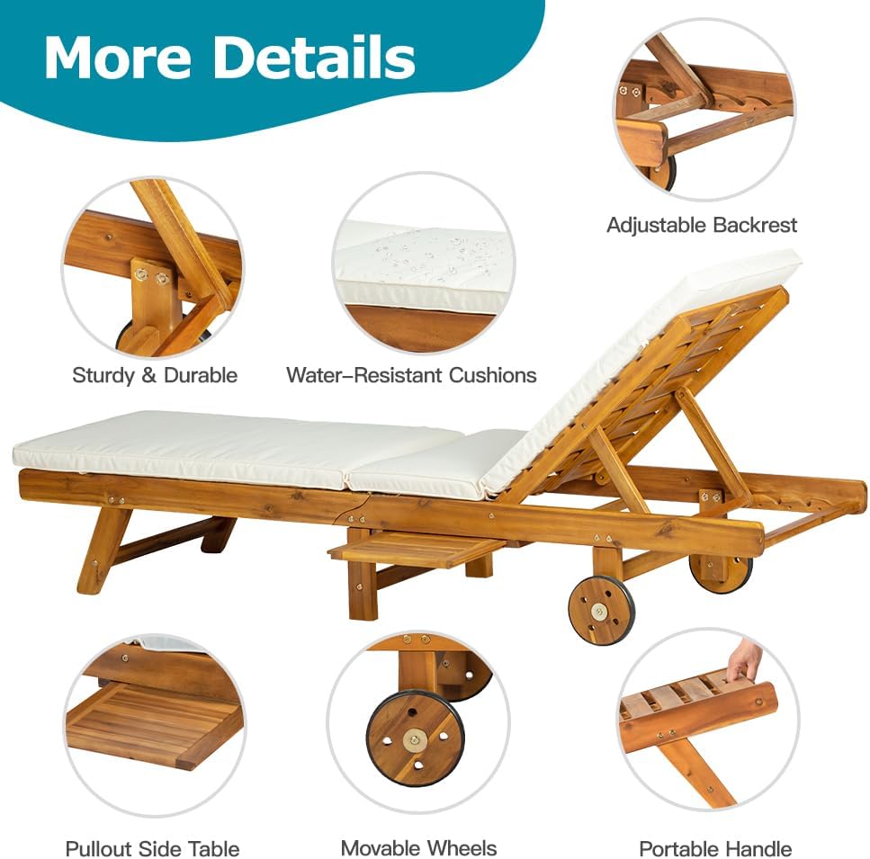 Acacia Wood Sun Lounger Recliner Chair with Wheels Cushion