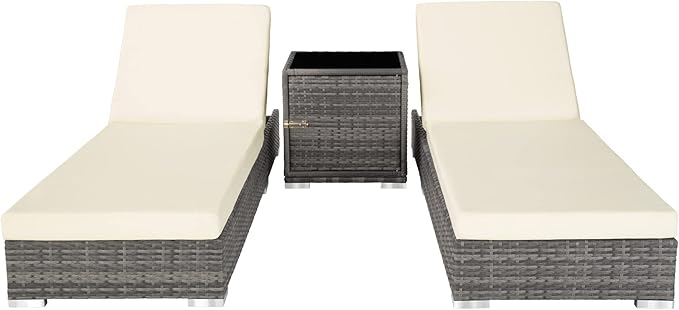 3 Piece Rattan Sun Lounger Set Recliners Table Grey