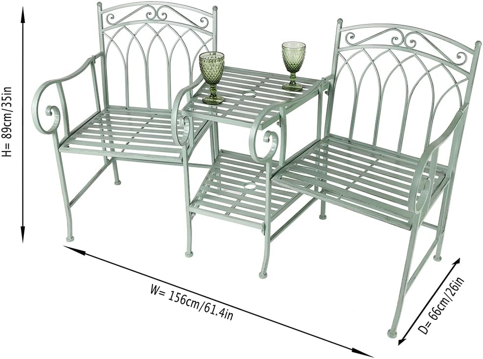 2 Seater Garden Bench with Table Vintage Tete-a-Tete Patio Seat Green