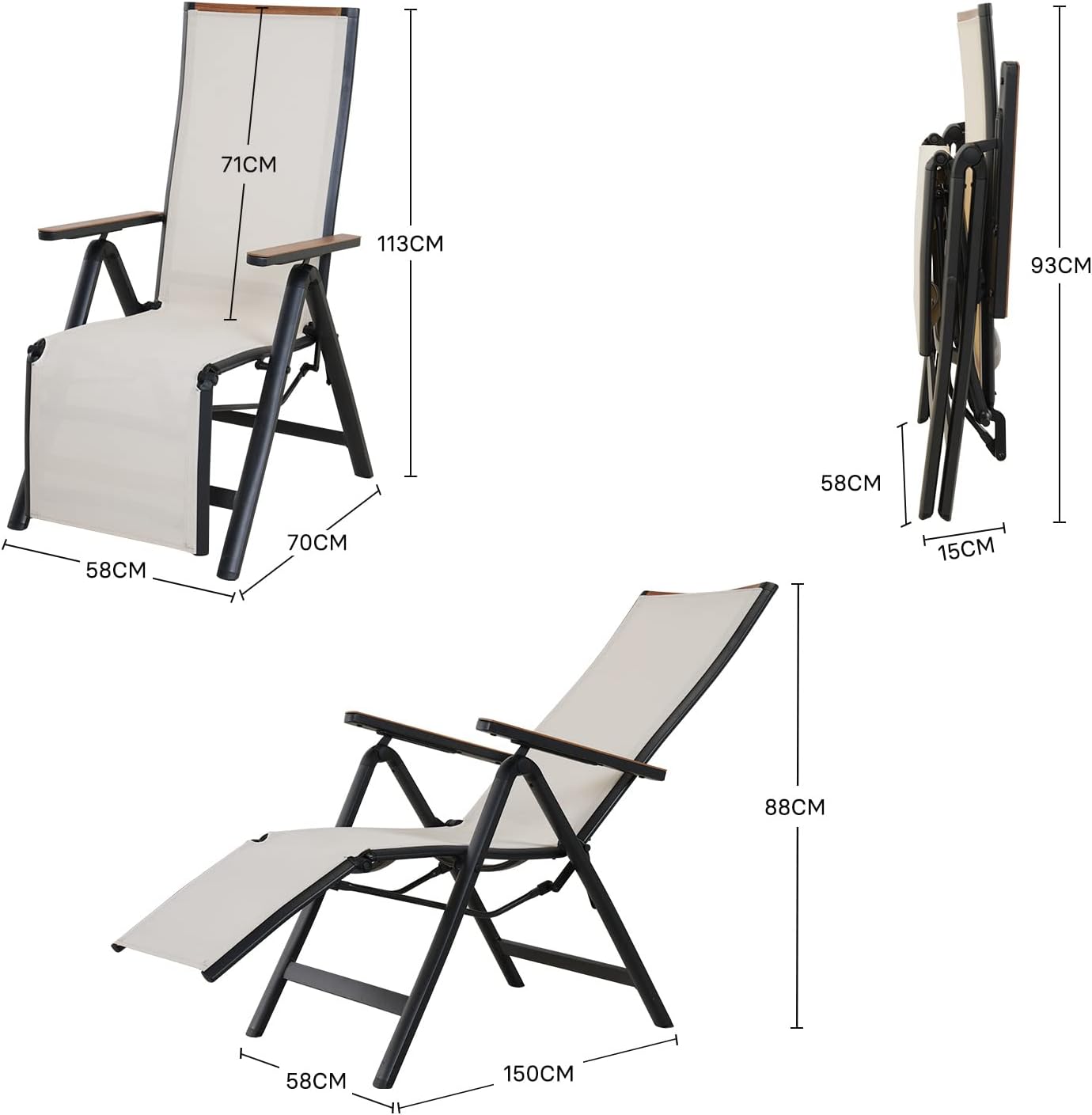 Foldable Sun Lounger Beige Reclining Garden Chair Aluminium