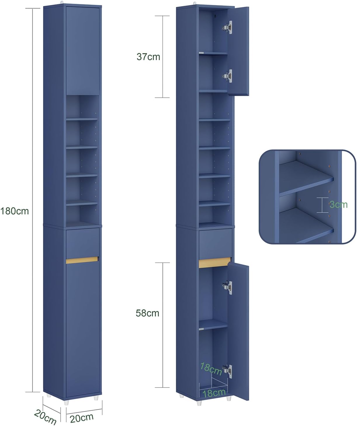 Tall Slim Bathroom Storage Cabinet 20cm Blue Drawer Shelves