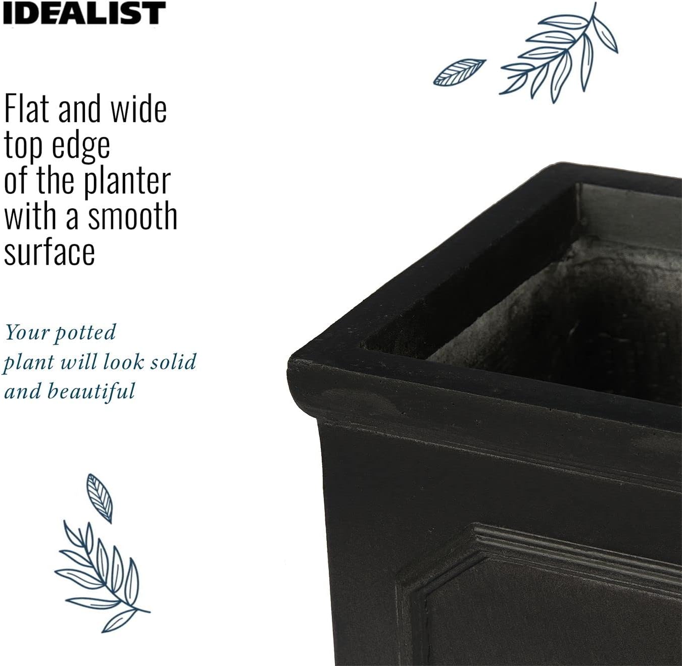 37cm Square Planter Faux Lead Dark Grey Garden Pot Drainage