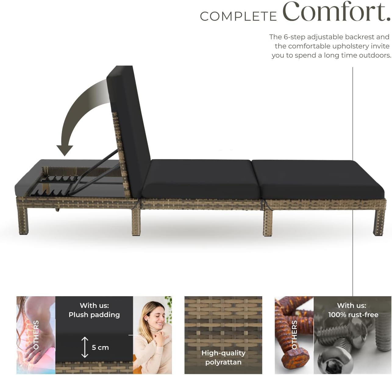 Luxury Rattan Sun Lounger 6 Position Cushion Natural
