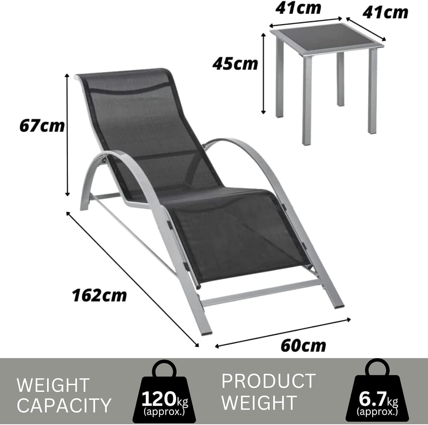 3 Piece Garden Sun Lounger Set Recliners Side Table Black