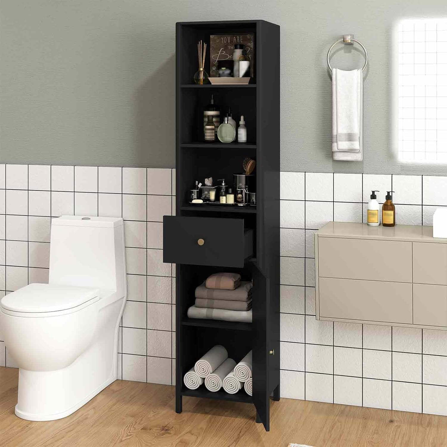 Tall Bathroom Storage Cabinet Black Fluted Door Drawer 170cm