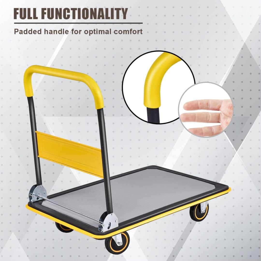 Folding Push Cart Dolly 300KG Flatbed Trolley Yellow
