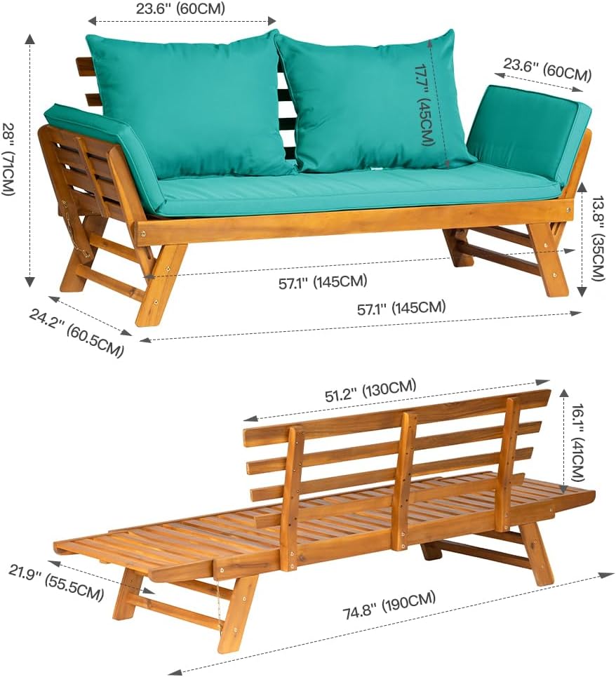Acacia Wood Convertible Sofa Bed Outdoor Daybed Turquoise