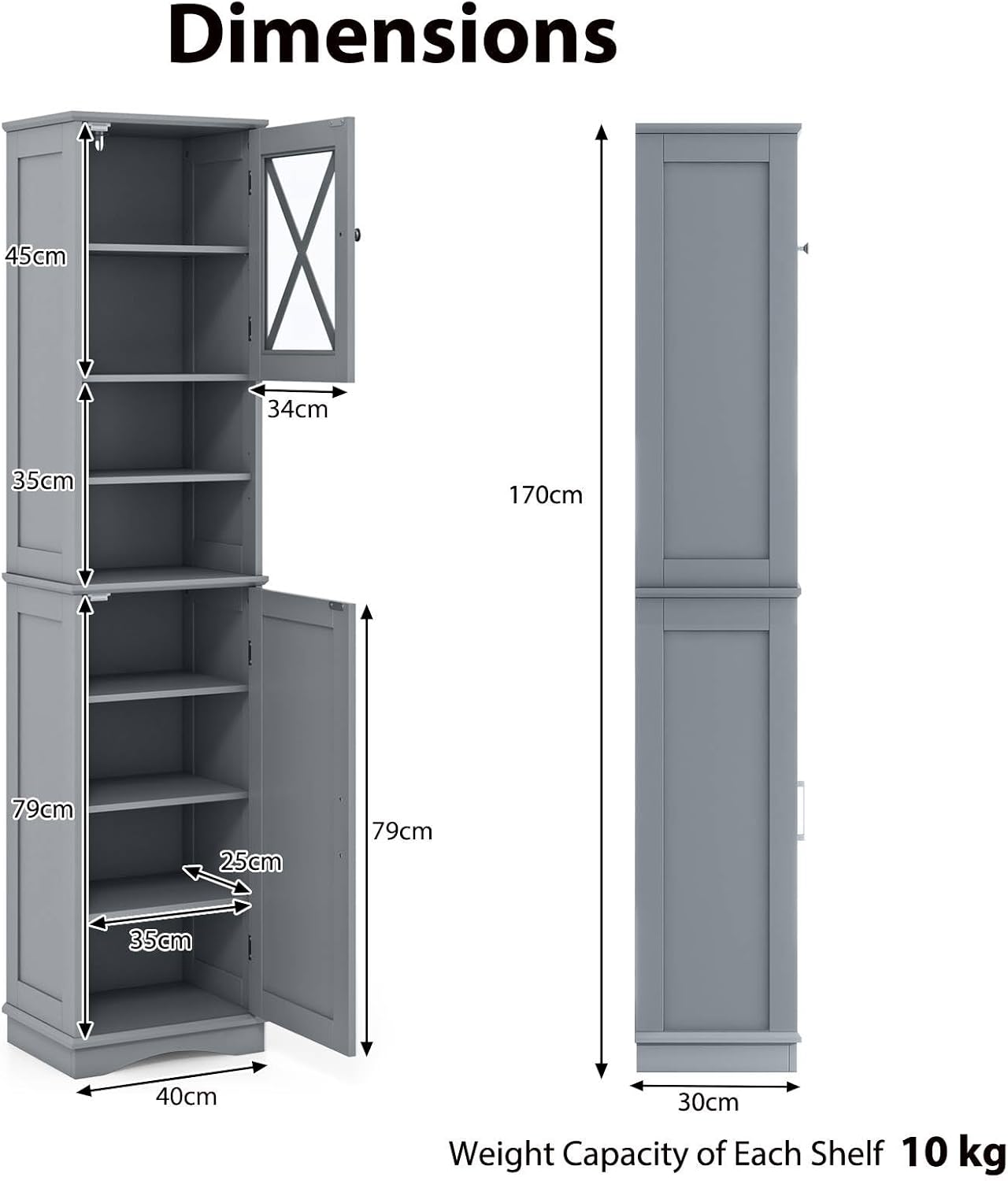 Tall Bathroom Storage Cabinet 2 Door Shelf Unit Grey